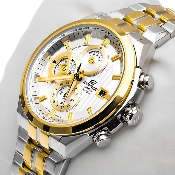 Casio Edifice Chrono-graph Men's Watch With Silver Gold Color & Stainless Steel Strap ED426